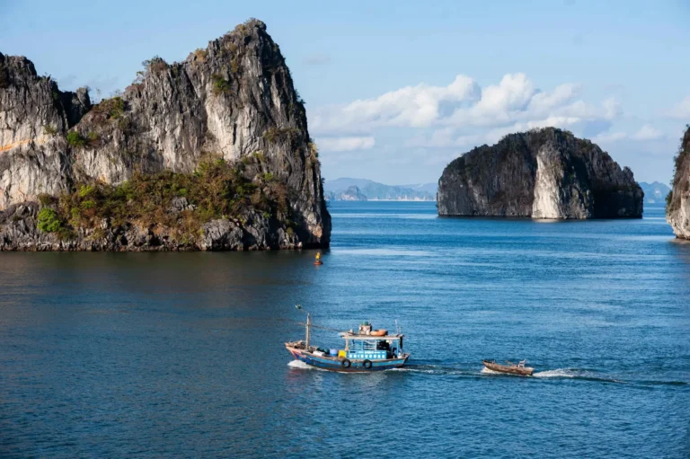 Best Ha Long Bay cruise sailing through limestone karsts during the day