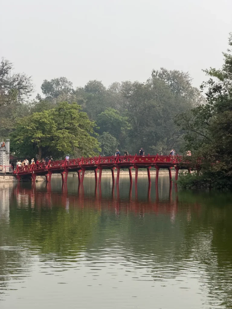 The Huc Bridge leading to Ngoc Son Temple on Hoan Kiem Lake